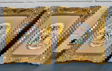 Pair of German Bisque Framed Porcelain Children Relief Plaques