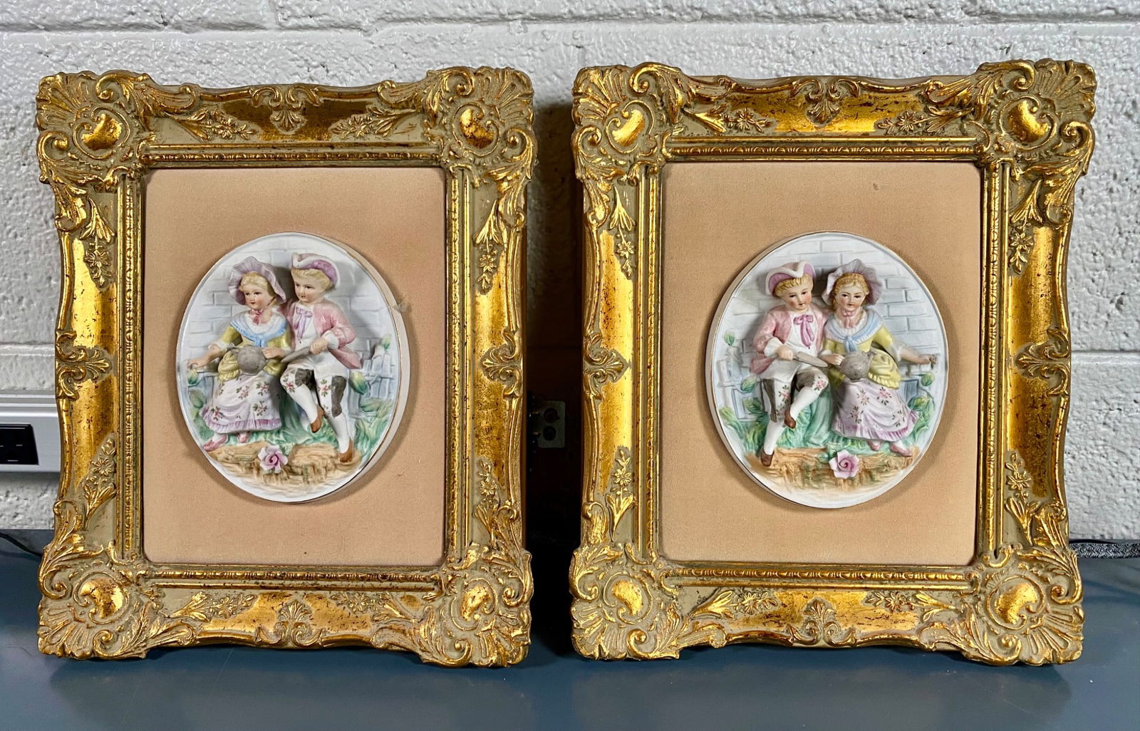 Pair of German Bisque Framed Porcelain Children Relief Plaques (1 of 12)