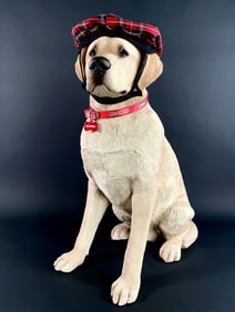Sandicast Labrador Retriever Dog Sculpture with Plaid Hat and Collar
