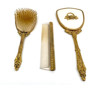 Gold-Tone Vanity Set Featuring Hand Brush, Comb, and Mirror
