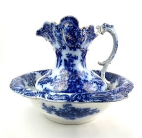 Royal Porcelain England Blue and White Transferware with Gold Accents