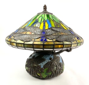 Tiffany-Style Stained Glass Dragonfly Table Lamp With Mosaic Base