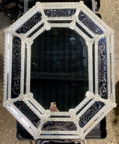Antique Octagonal Venetian Etched Mirror With Glass Flower Accents