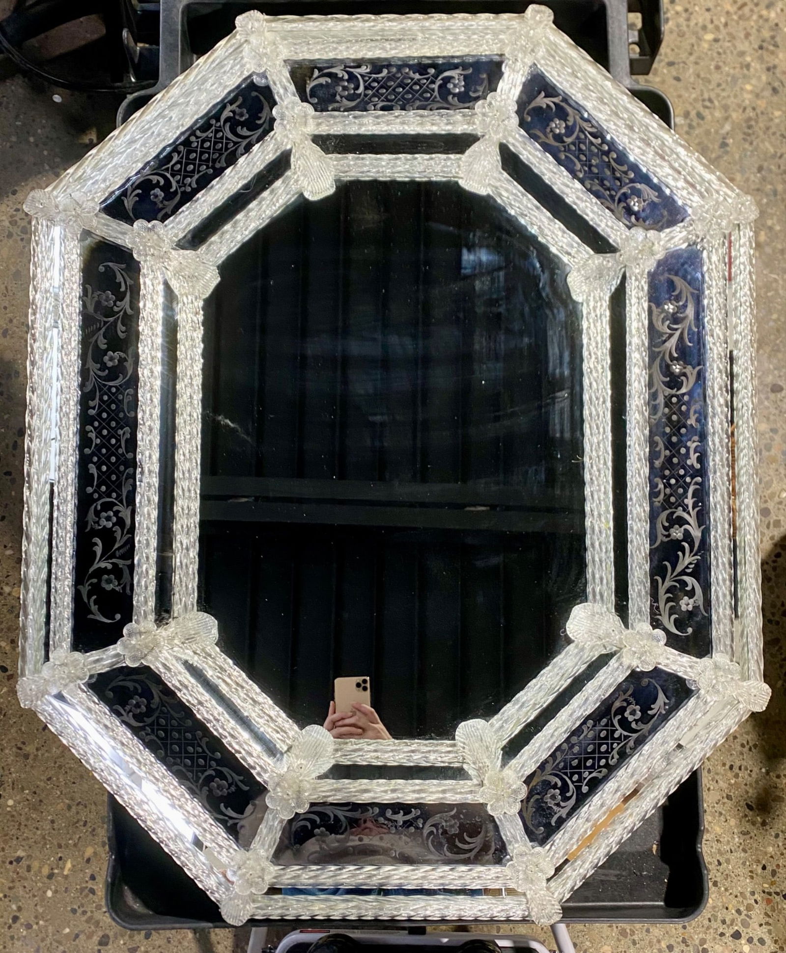 Antique Octagonal Venetian Etched Mirror With Glass Flower Accents (1 of 11)