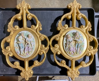 Pair of Gilded Porcelain and Plaster Wall Plaques