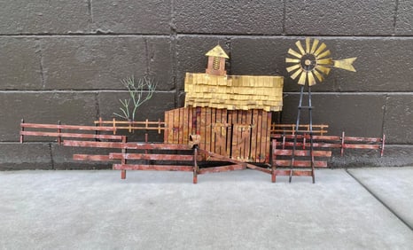 Metal Barn and Farm Scene Sculpture with Windmill