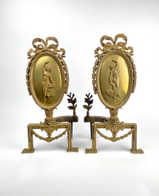 Pair of Brass Andirons with Figural Decoration and Laurel Motifs