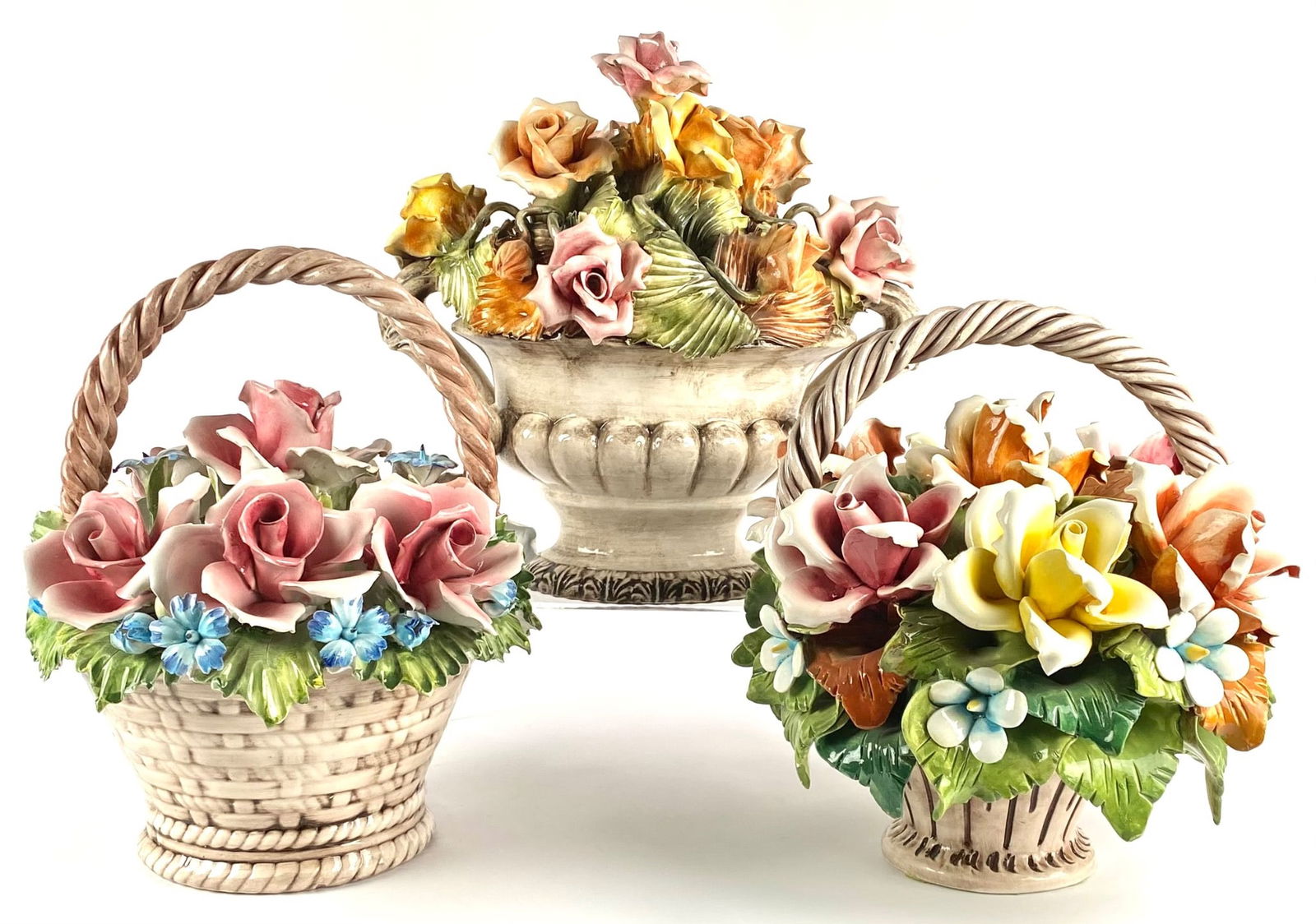 Set of Three Capodimonte Flower Arrangements in Basket Forms (1 of 12)