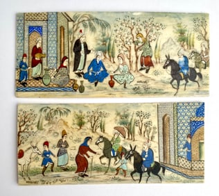Persian Miniature Scene Paintings on Camel Bone Panel (Signed Omumi)