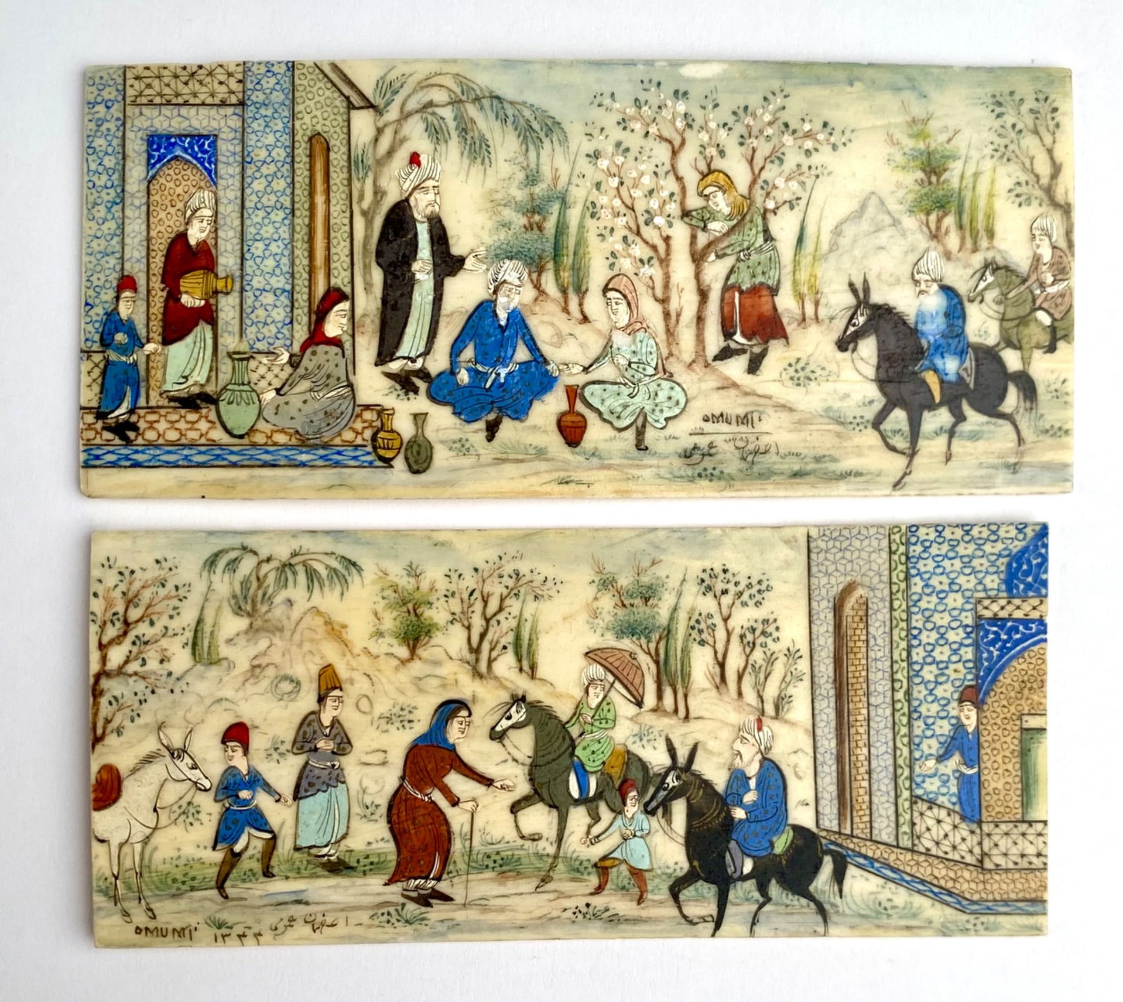 Persian Miniature Scene Paintings on Camel Bone Panel (Signed Omumi): Two Persian miniature scene paintings on camel bone panel, featuring intricate depictions of traditional life, including figures, architecture, and landscapes. Signed by the artist. Panels are delicat