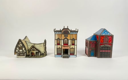 Set of 3 Forma Vitrum Stained Glass Buildings by Bill Job with Original Boxes
