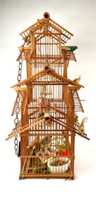 Multi-Tier Bamboo Bird Cage with Figures and Decorative Elements