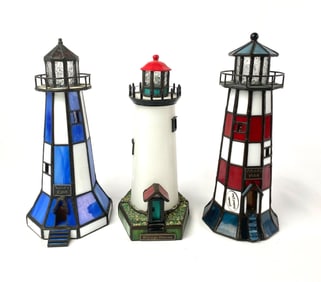 Three Forma Vitrum Stained Glass Lighthouse Sculptures With Original Boxes?