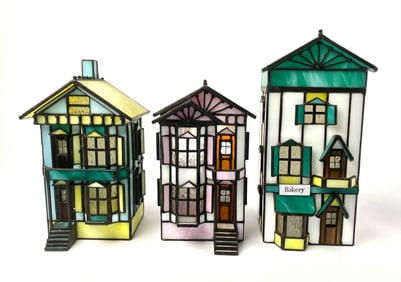 Three Forma Vitrum Stained Glass House Sculptures With Original Boxes