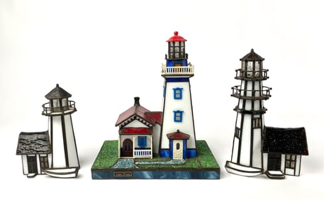 Forma Vitrum Stained Glass Lighthouse Trio with Certificates And Original Box