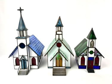 Three Stained Glass Decorative Church Models With Original Boxes