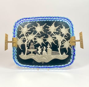 Murano Etched Glass and Brass Handled Tray with Blue Twisted Glass Border