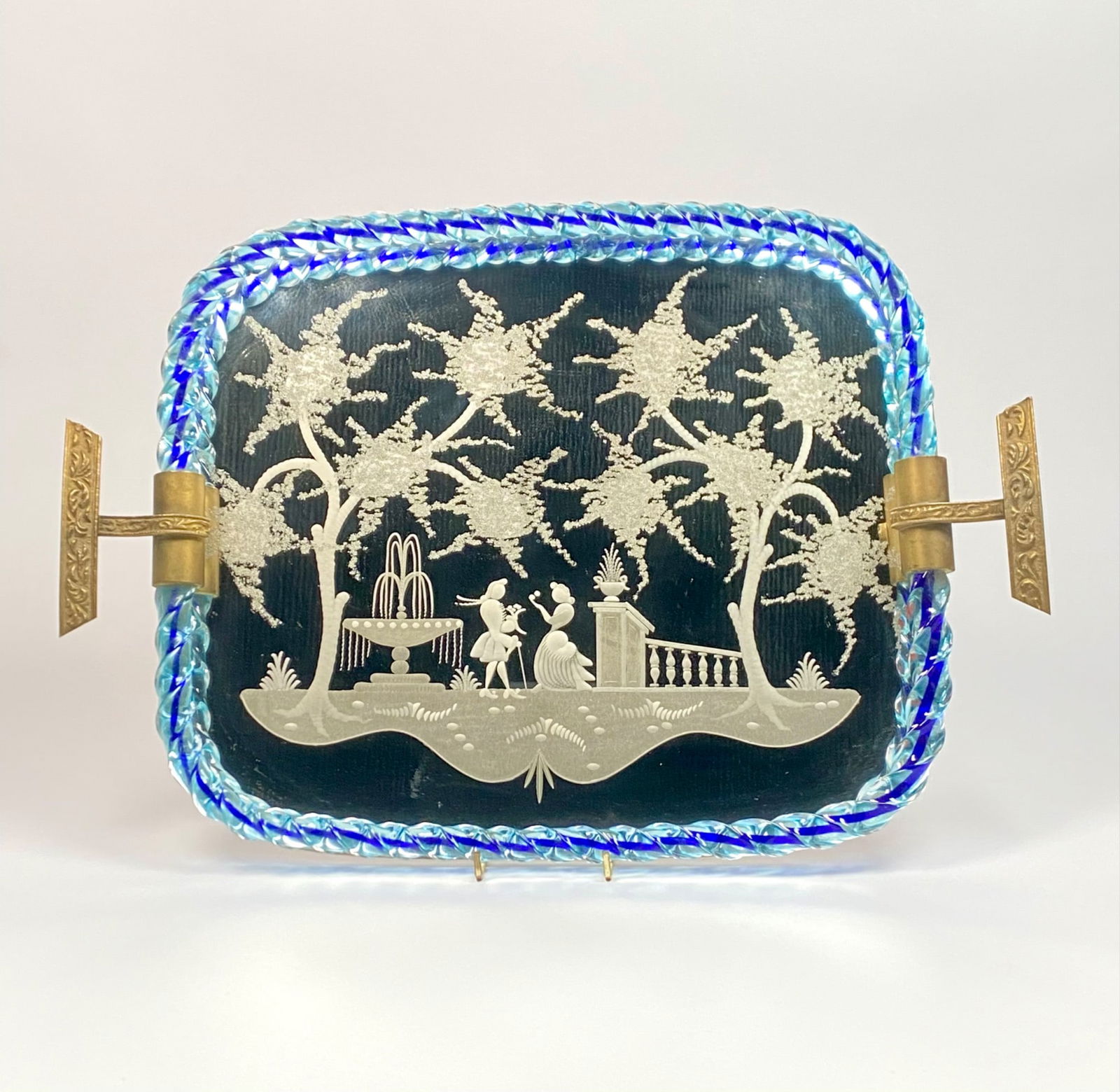Murano Etched Glass and Brass Handled Tray with Blue Twisted Glass Border (1 of 10)