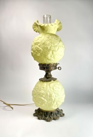 L&L WMC Two-Globe Frosted Fenton Glass Table Lamp with Brass Accents