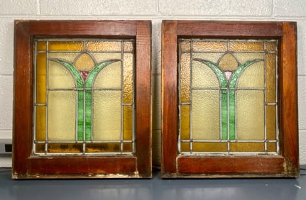 Pair of Leaded Stained Glass Windows, Green and Amber Design