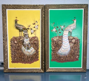 Pair of Framed Mother-of-Pearl and Shell Peacock Panels