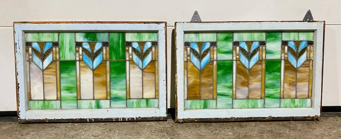 Pair of Leaded Stained Glass Window Panels