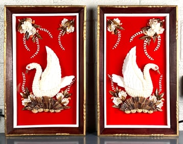 Pair of Framed Shell Art Swans on Red Background
