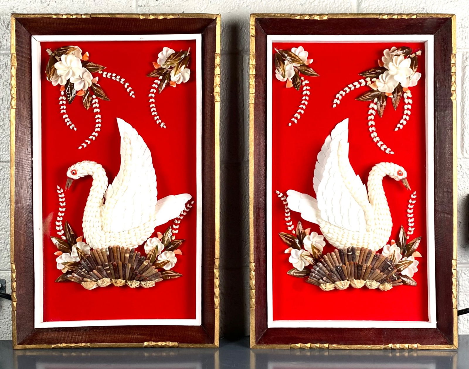 Pair of Framed Shell Art Swans on Red Background (1 of 12)