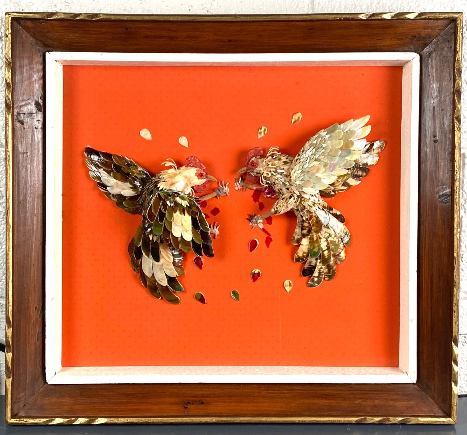 Shadow Box Artwork Featuring Shell-Inlaid Fighting Roosters (1 of 9)