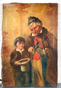The Blind Fiddler Oil Painting on Canvas, Signed by Artist