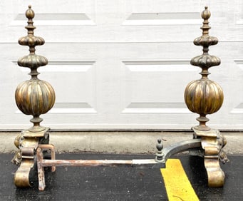 Pair of Brass Andirons with Figural Motifs and Ornate Design