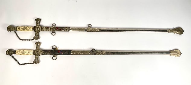 Pair of Masonic Ceremonial Swords with Scabbards and Inscriptions