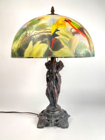 Art Nouveau Lamp with Reverse Painted Glass Shade