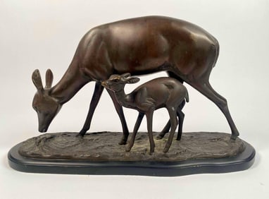 Bronze Deer and Fawn Sculpture Irenee Rochard