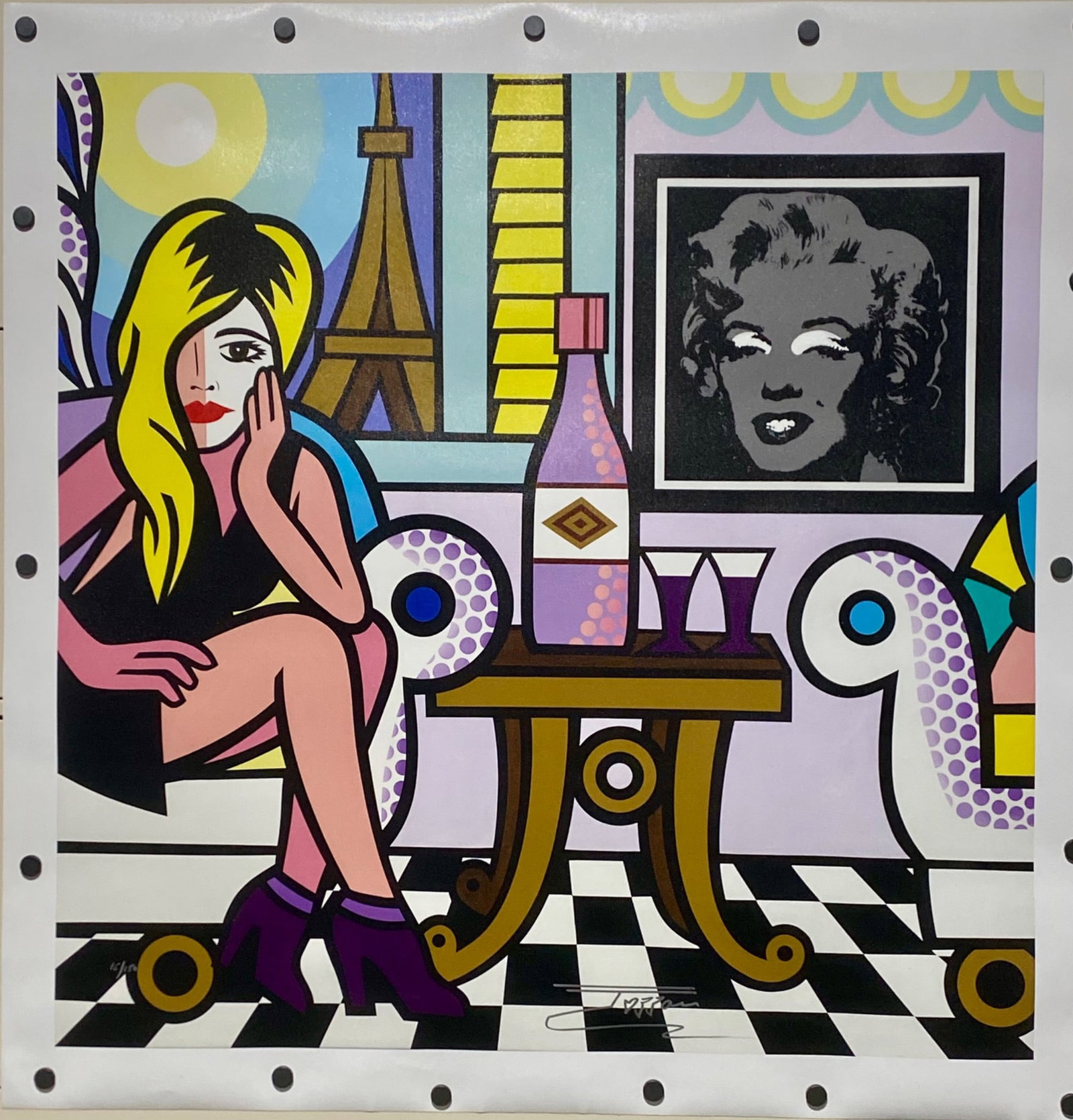 Jozza Paris Living Room Giclee on Canvas, Signed and Numbered: Jozza ‘Paris Living Room,’ giclee on canvas, features a colorful pop art depiction with iconic imagery. Signed and numbered 15/150 in white on the lower right. Comes with a certificate of authenti