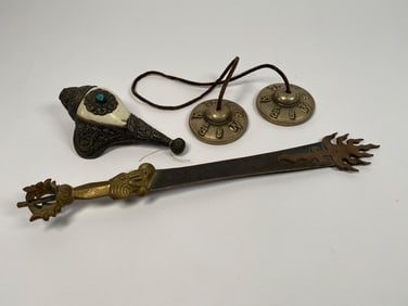 Tibetan Ritual Items: Knife, Conch, and Tingsha Cymbals