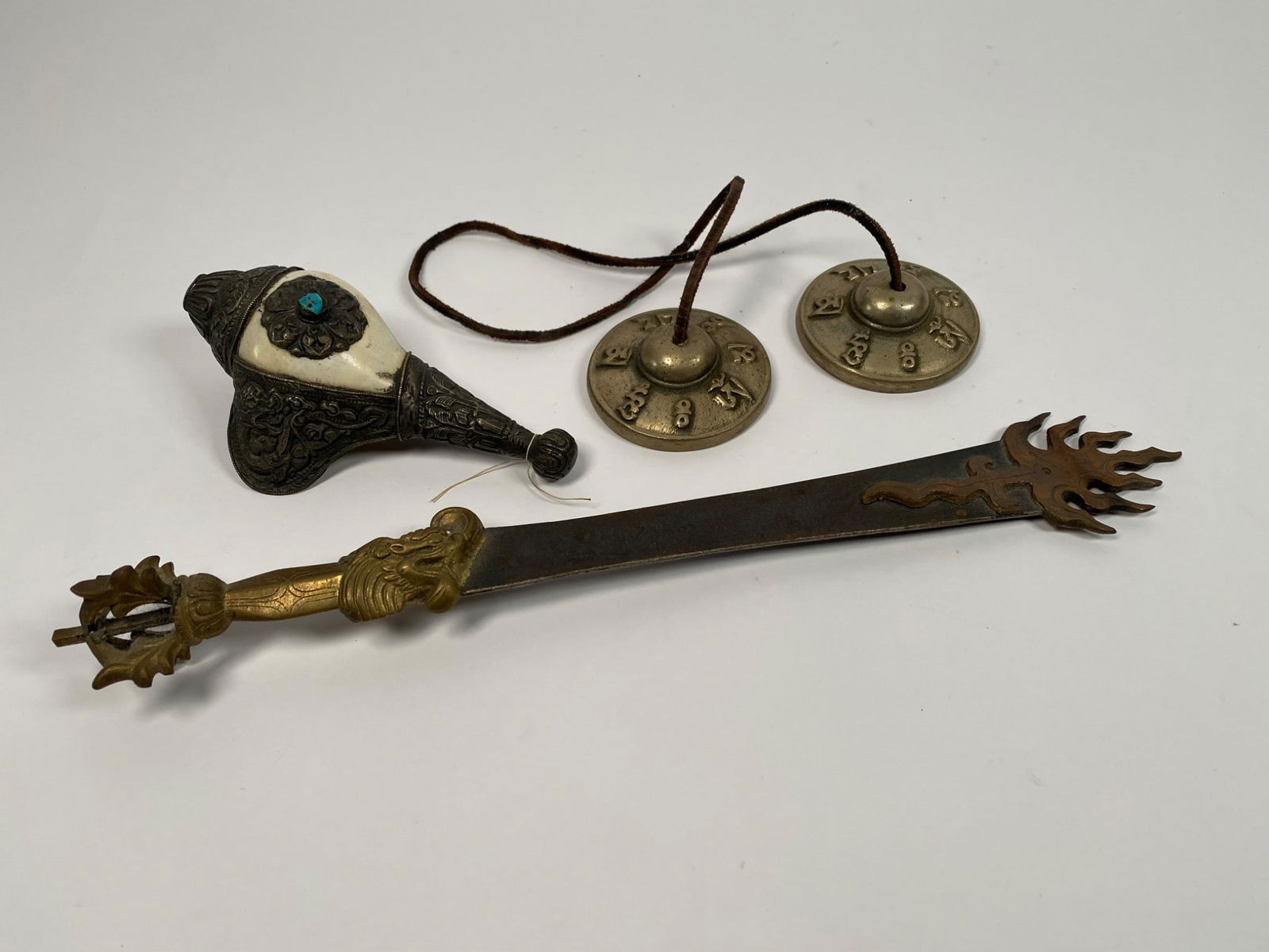 Tibetan Ritual Items: Knife, Conch, and Tingsha Cymbals (1 of 12)