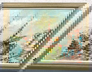 P. Leigh Oil Painting of Boats and Buildings in Wooden Frame (Signed)