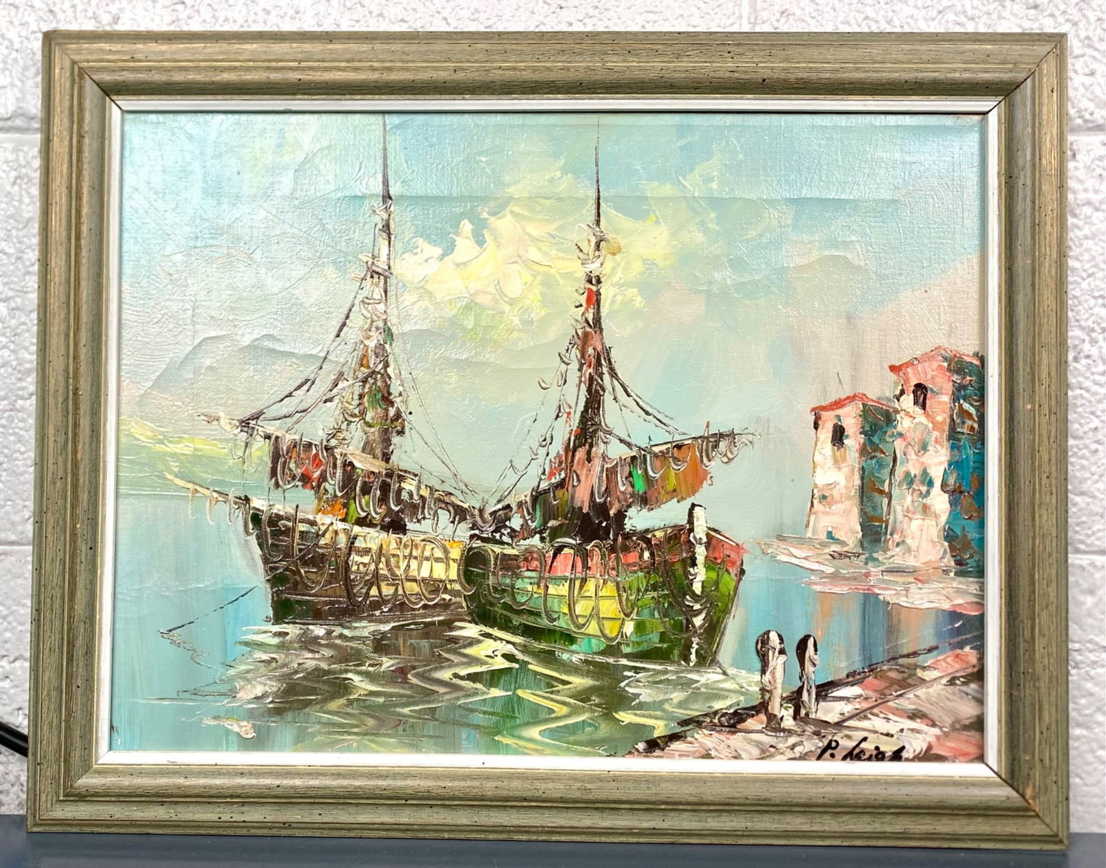 P. Leigh Oil Painting of Boats and Buildings in Wooden Frame (Signed) (1 of 9)