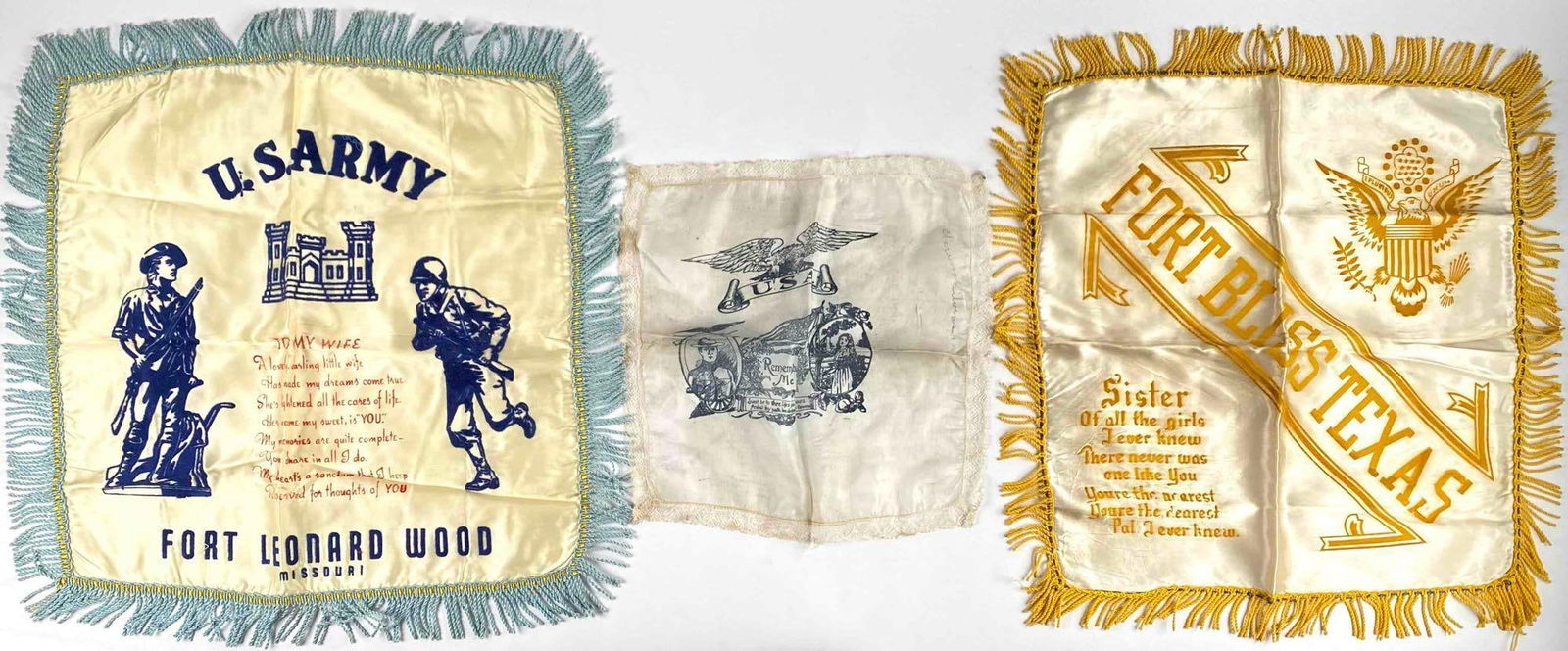 Early To Mid 20th Century Silk Military Souvenir Handkerchief and Pillow Covers: Early To Mid 20th Century Silk Military Souvenir Handkerchief and Pillow Covers. Lot is in good to excellent condition. Please see photos for additional details. Dimensions Smallest: 13" x 13" Dimensi