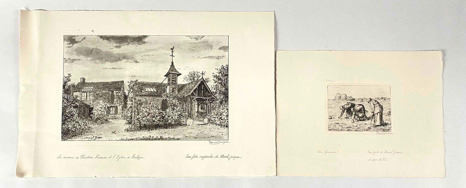 "La maison de Theodore Rousseau et l'Eglise de Barbizon" and "Les Glaneuse," Marcel Jacque Etchings (1 of 13)