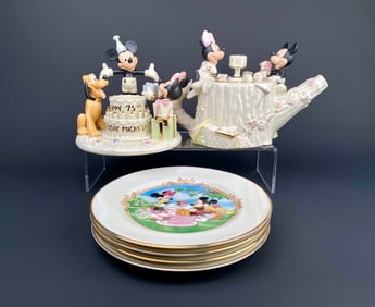 Lenox Mickey and Minnie Tea Pot, Votive Holder and 4 Dessert Plates