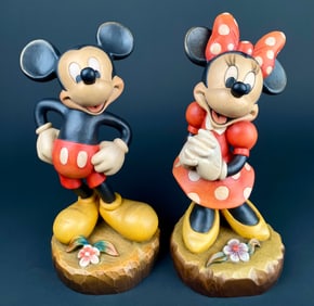 Disney ANRI Hand Carved Wooden Mickey and Minnie Mouse Statues