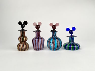 Set of 4 Striped Glass Perfume Bottles with Mouse Shaped Stoppers