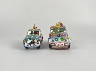 Set of Two Christopher Radko Glass Car-Themed Holiday Ornaments