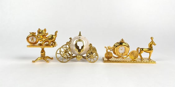 Set of Three Gold Tone Miniature Clock Broches With Stands