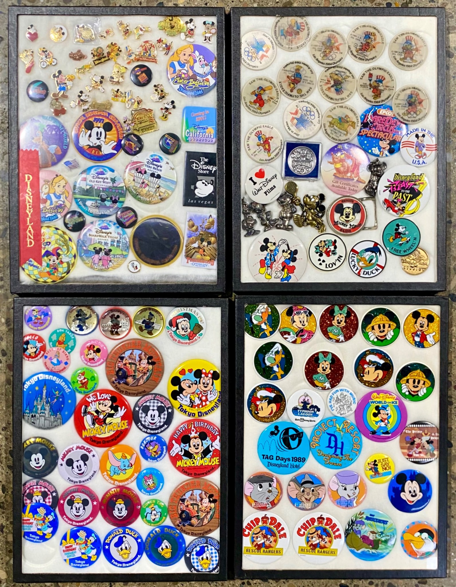 Collection of Disney Buttons and Enamel Pins in 4 Display Cases (1 of 10)