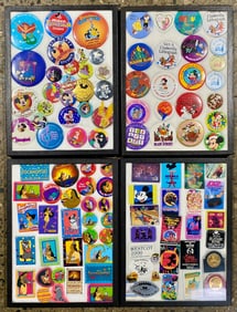 Collection of Disney Buttons in 4 Display Cases