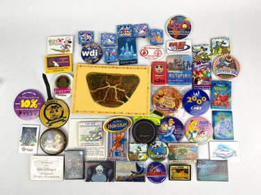 Collection of 45 Including Disney Pins, Buttons, and Memorabilia