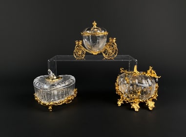 Set of Three Crystal and Gilt Metal Cinderella Themed Decorative Boxes
